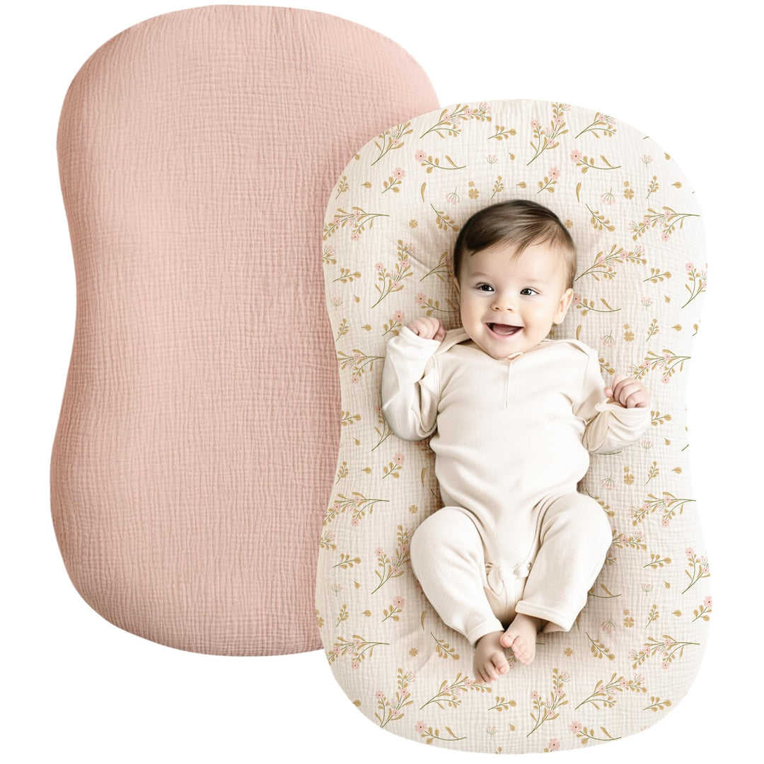 Konssy 2 Pack Muslin Baby Lounger Covers, Covers Only, 30.7" x 20" 100% Cotton, Soft & Breathable, Baby Nest Slipcover, Envelope Closure, Pre-Washed for Lasting Fit
