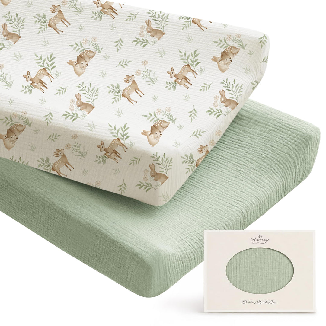 Konssy 100% Cotton Muslin Changing Pad Cover 2 Pack, 32"x16" Standard Fit Ultra Soft & Breathable, Diaper Changing Table Sheets, Neutral Nursery Design, for Baby Boys Girls