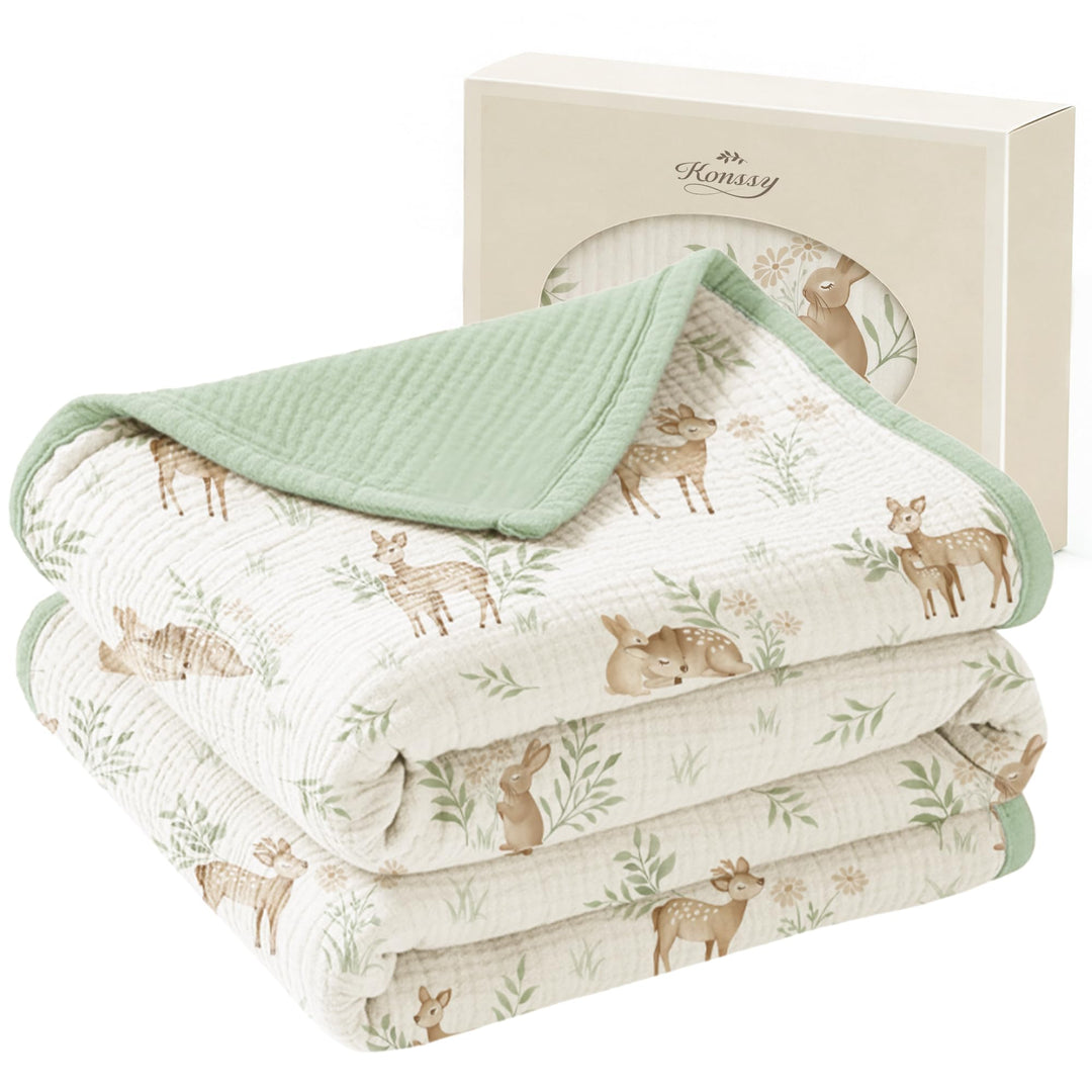 Konssy 100% Cotton Muslin Baby Blanket for Girls Boys, 40"x36" Soft & Lightweight, 4-Layer Muslin, for Receiving, Swaddling, Crib, Stroller & Nursery, Newborn to Toddler