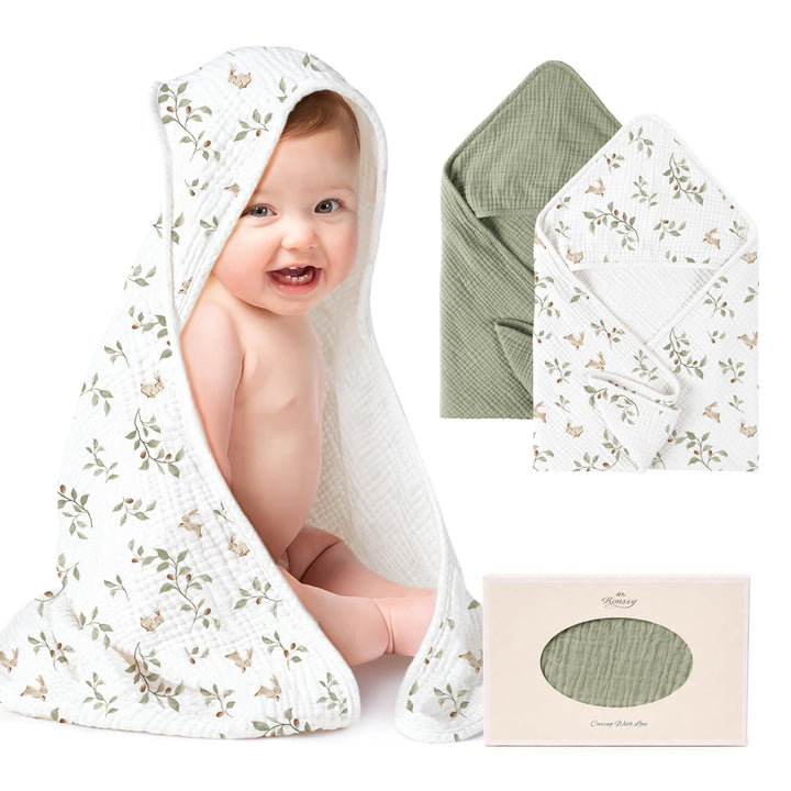 Konssy 2-Pack 100% Muslin Cotton Hooded Baby Bath Towels for Boys and Girls 32 x 32 In, Ultra-Soft & Absorbent, Bath Towels With Hooded for Infants Newborns Toddlers, Machine Washable