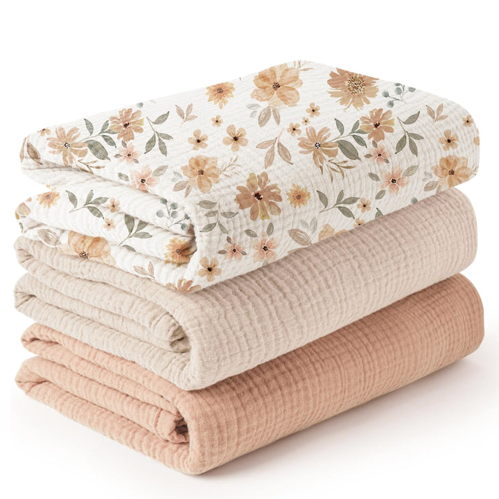 Konssy 3-Pack Muslin Baby Swaddle Blankets, 47 x 47 in Receiving Blankets Large Size, 100% Cotton, Ultra Soft & Breathable, Multi-Use Swaddles for Boys & Girls, from Newborn to Toddler