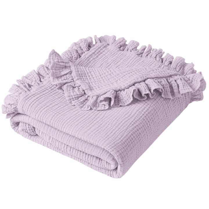 Konssy 100% Cotton Muslin Baby Blanket with Ruffle Trim for Girls, 43"x39" Reversible Design, Ultra Soft & Lightweight, for Swaddling, Crib, Stroller & Nursery Use, from Newborn to Toddler