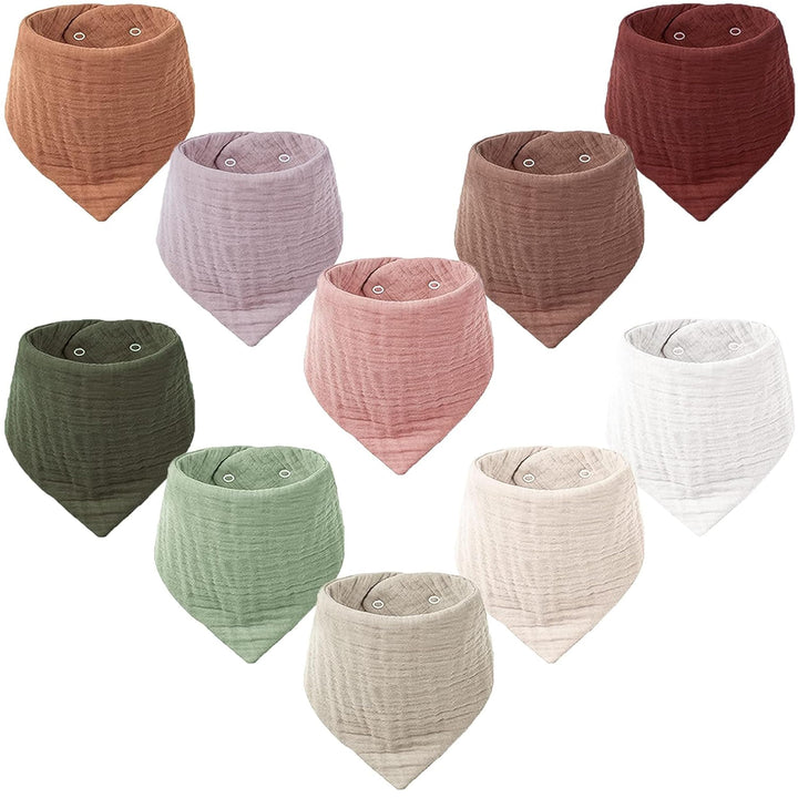 Konssy 10 Pack Baby Muslin Bandana Bibs for Drooling and Teething 100% Cotton, 6-Layer Bibs, Pre-Washed Soft & Absorbent, Adjustable Neck Fit, Boys & Girls 0-36M
