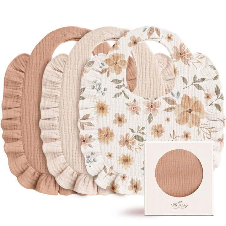 Konssy 3-Pack Muslin Baby Girl Bibs, 100% Cotton with Ruffle Trim Ultra Soft & Absorbent, Baby Essentials for Drooling and Teething, for Newborn, Infant & Toddler 0-36 Months