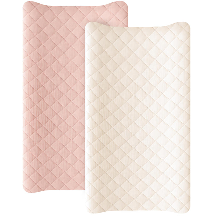 Konssy 2 Pack Quilted Muslin Changing Pad Cover, Waterproof Layer, 32"x16" 100% Cotton Surface, Absorbent & Soft, Fitted Changing Table Sheets, Full Elastic Fit, for Baby Girls & Boys