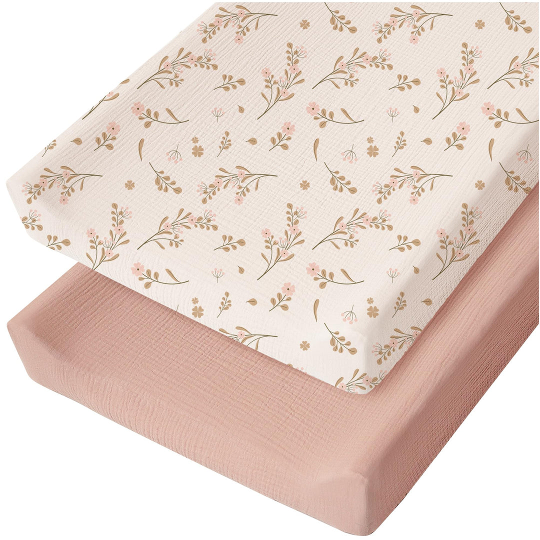 Konssy 2 Pack Muslin Changing Pad Covers for Baby Girls Boys, 32"x16" 100% Cotton, Soft & Breathable, Fitted Diaper Changing Table Sheets, Full Elastic Fit, Floral & Solid Designs
