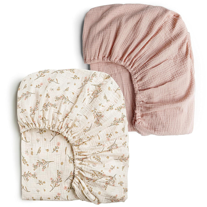 Konssy 2 Pack Muslin Crib Sheets for Standard Crib Mattress, 52" x 28" 100% Cotton, Soft & Breathable, 360° Elastic Snug Fit, Solid & Printed Designs for Baby Girls & Boys