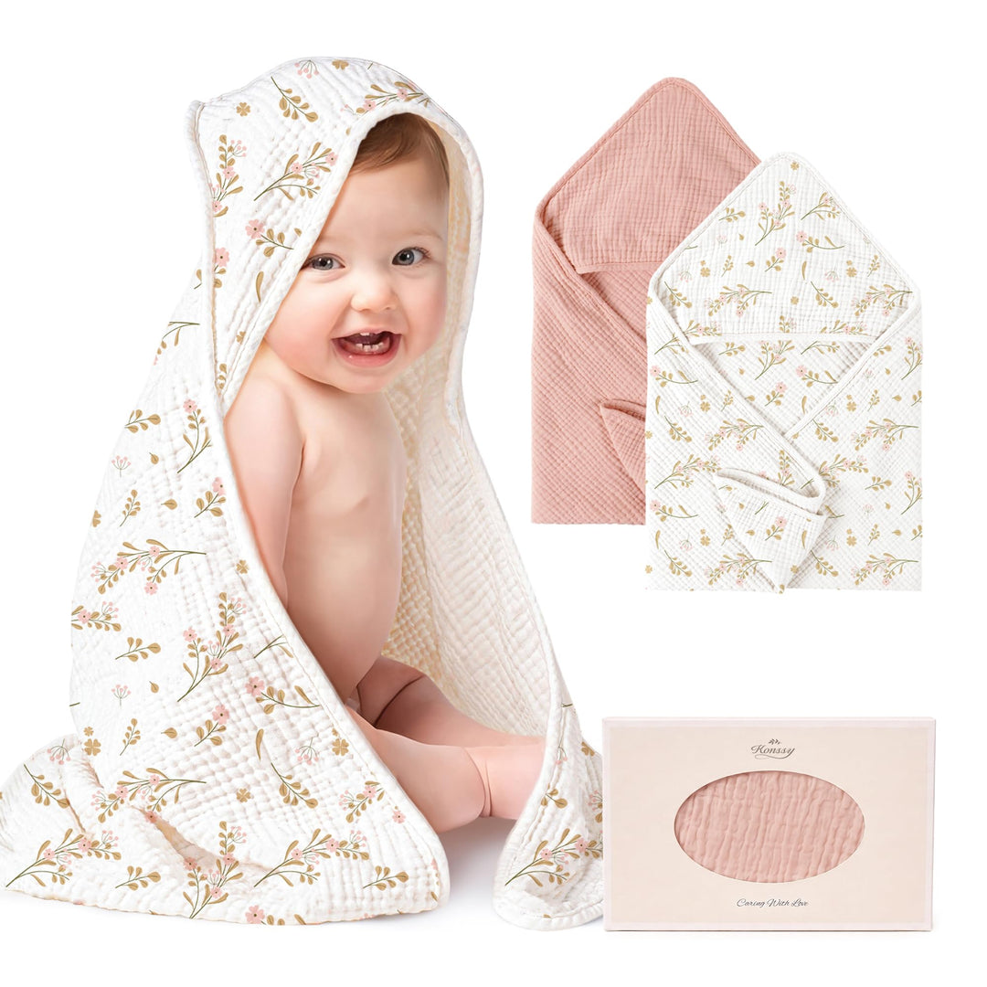 Konssy 2-Pack 100% Muslin Cotton Hooded Baby Bath Towels for Boys and Girls 32 x 32 In, Ultra-Soft & Absorbent, Bath Towels With Hooded for Infants Newborns Toddlers, Machine Washable