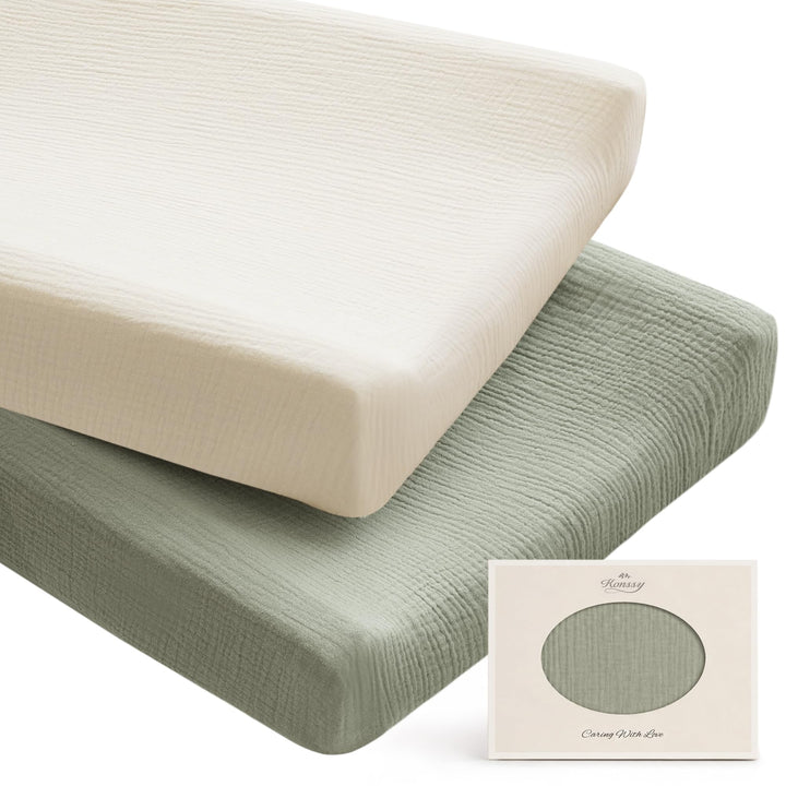 Konssy 100% Cotton Muslin Changing Pad Cover 2 Pack, 32"x16" Standard Fit Ultra Soft & Breathable, Diaper Changing Table Sheets, Neutral Nursery Design, for Baby Boys Girls