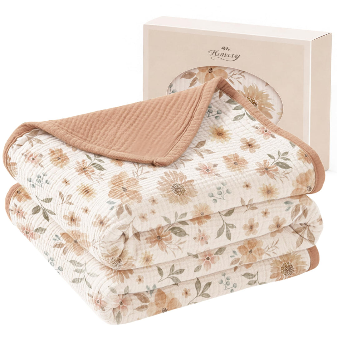 Konssy 100% Cotton Muslin Baby Blanket for Girls Boys, 40"x36" Soft & Lightweight, 4-Layer Muslin, for Receiving, Swaddling, Crib, Stroller & Nursery, Newborn to Toddler