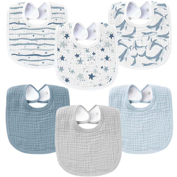 Konssy 6-Pack Muslin Cotton Baby Bibs for Drooling and Teething Soft Absorbent Front, Fleece Back Keeps Clothes Dry, Easy to Clean, Adjustable Fit for Boys & Girls Ages 0-36 Months