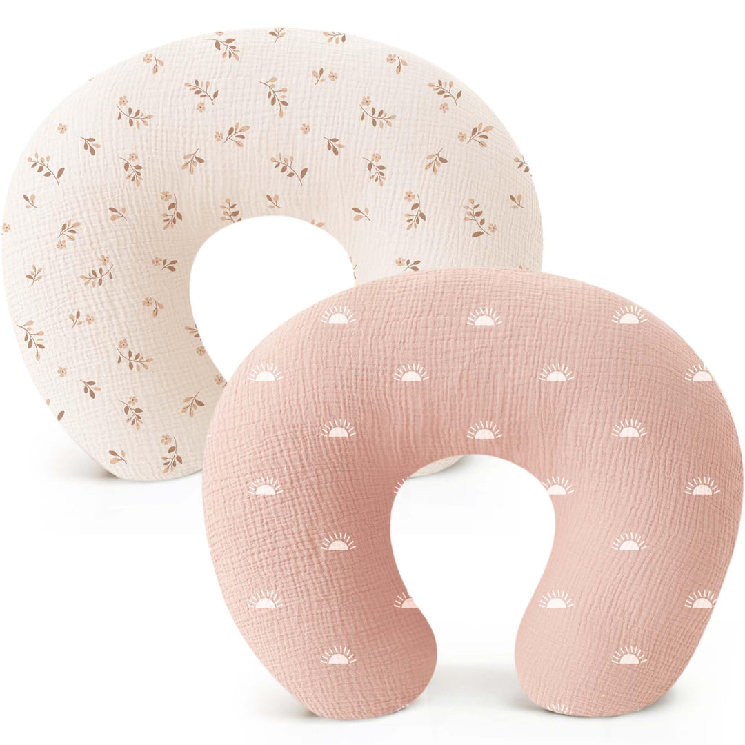 Konssy 2-Pack 100% Cotton Muslin Nursing Pillow Covers, Soft Cover for Baby Covers Only, Breastfeeding Pillows Slipcovers for Baby Boys & Girls, Hidden Zipper, Machine Washable,