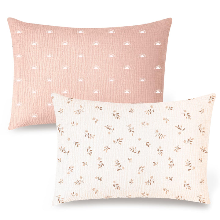Konssy 2 Pack Muslin Toddler Pillowcases, Soft Baby Pillow Cases, 13"x18" 100% Cotton, Soft & Breathable, Envelope Closure, Floral & Solid, for Baby Boys & Girls, Naps & Travel