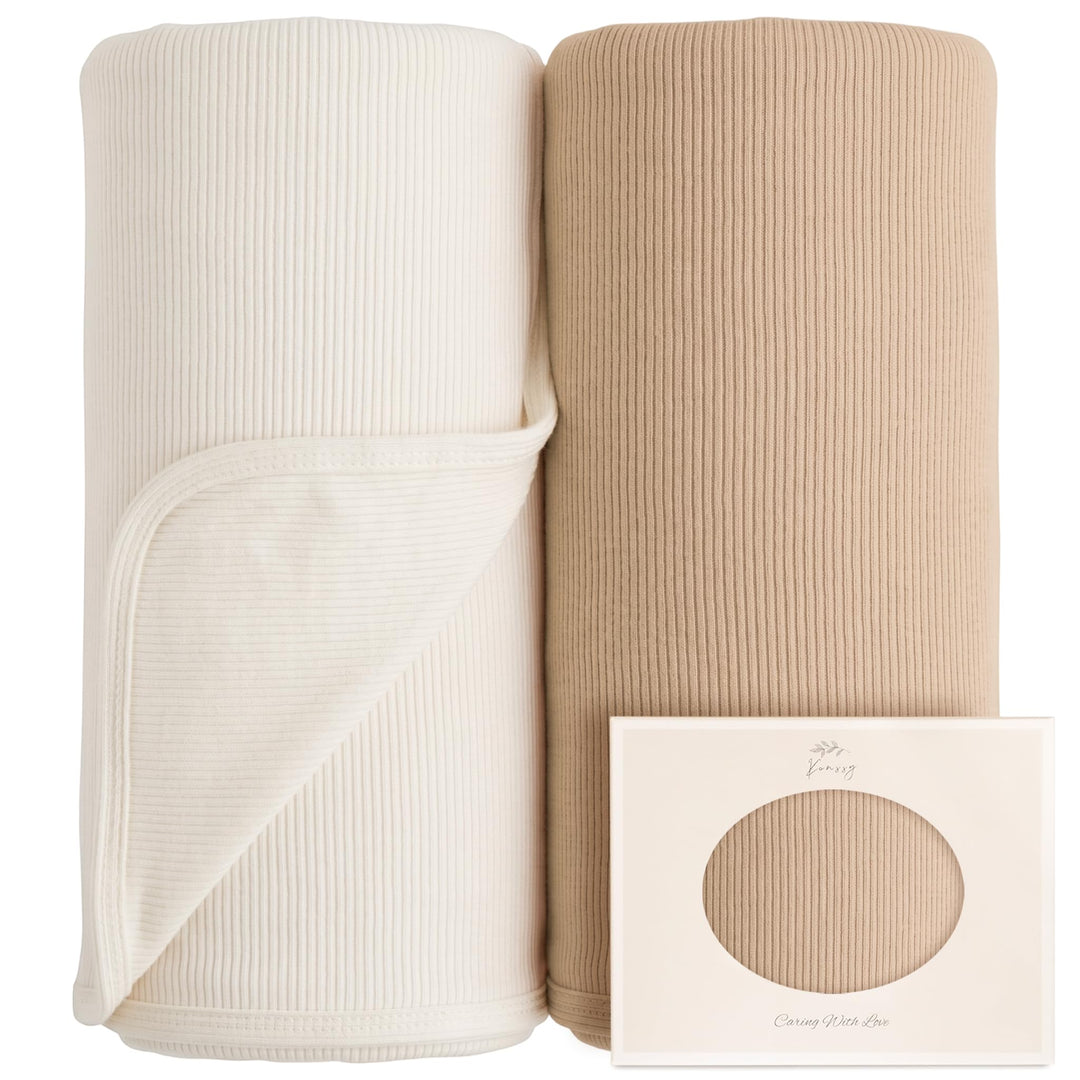 Konssy 2 Pack Ribbed Knit Swaddle Blankets for Baby Boys & Girls, 33"x42" Soft & Stretchy Knit, Lightweight & Cozy, for Swaddling, Receiving & Stroller, Newborn to Toddler