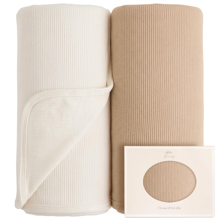 Konssy 2 Pack Ribbed Knit Swaddle Blankets for Baby Boys & Girls, 33"x42" Soft & Stretchy Knit, Lightweight & Cozy, for Swaddling, Receiving & Stroller, Newborn to Toddler