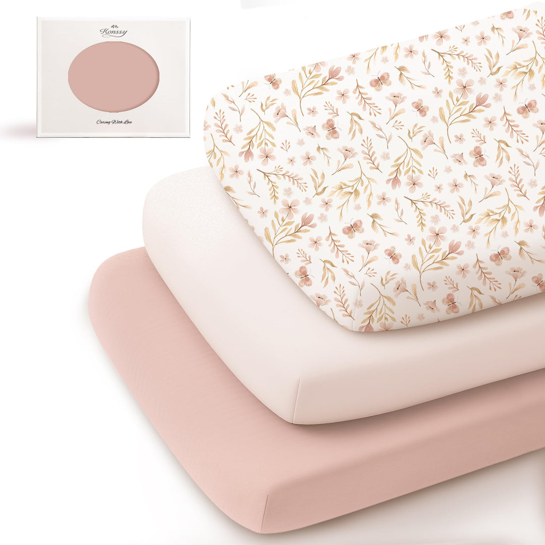 Konssy 3 Pack Stretchy Bassinet Sheets for Baby Girls and Boys, 33"x21" Silky-Soft & Breathable, Bassinet Mattress Sheet, for Baby Delight, Dream on Me, Rectangle Bassinet Sheets