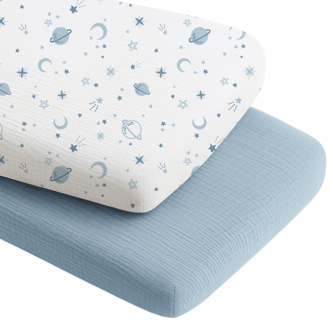 Konssy Muslin Bassinet Sheets for Baby Boys and Girls, 2 Pack, 33"x21" 100% Cotton, Bassinet Mattress Sheets, for Baby Delight, Dream on Me, Other Rectangle Bedside Mattresses