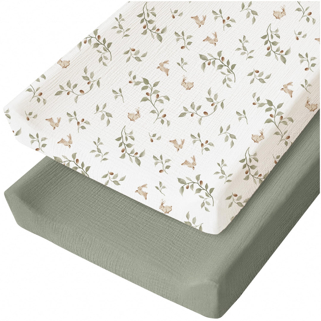 Konssy 2 Pack Muslin Changing Pad Covers for Baby Girls Boys, 32"x16" 100% Cotton, Soft & Breathable, Fitted Diaper Changing Table Sheets, Full Elastic Fit, Floral & Solid Designs