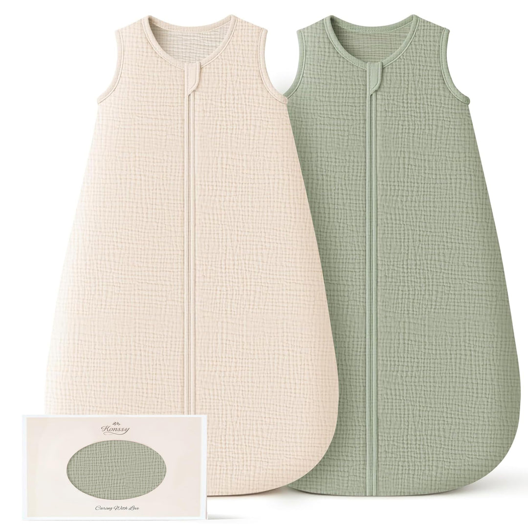 Konssy Muslin Baby Sleep Sack 6-12 Months, 0.8 TOG Baby Wearable Blanket 2 Pack, Two-Way Zipper, 100% Cotton, Soft & Breathable Sleeping Sack, Infants and Toddlers Nursery Essentials