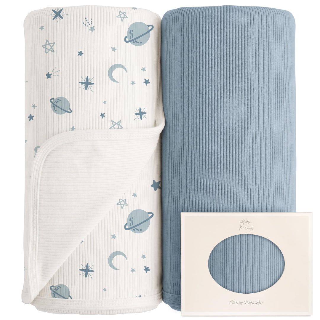 Konssy 2 Pack Ribbed Knit Swaddle Blankets for Baby Boys & Girls, 33"x42" Soft & Stretchy Knit, Lightweight & Cozy, for Swaddling, Receiving & Stroller, Newborn to Toddler