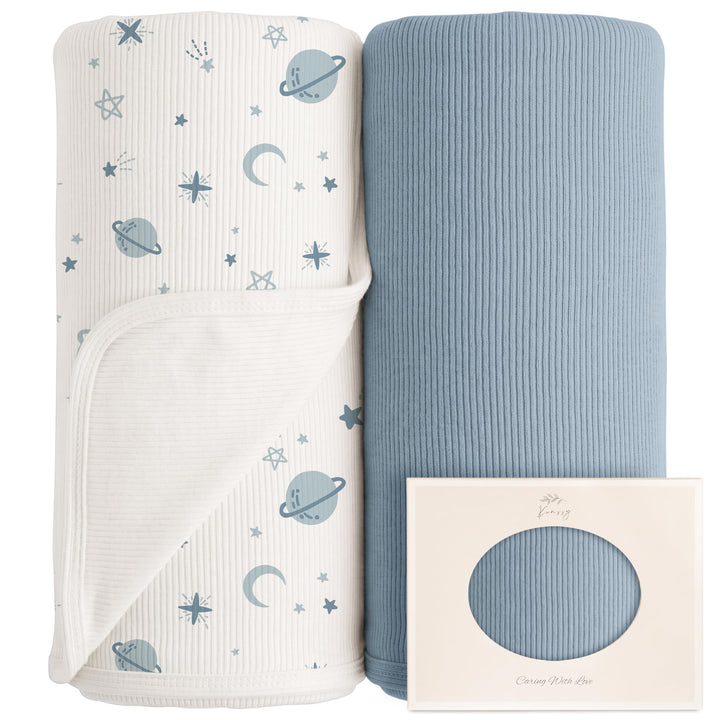 Konssy 2 Pack Ribbed Knit Swaddle Blankets for Baby Boys & Girls, 33"x42" Soft & Stretchy Knit, Lightweight & Cozy, for Swaddling, Receiving & Stroller, Newborn to Toddler