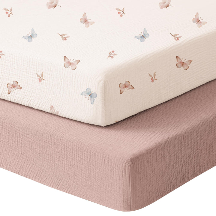 Konssy 2 Pack Muslin Mini Crib Sheets, Fits Pack and Play, 38"x24" 100% Cotton, Soft & Breathable, for Naps & Playtime, Floral & Solid Designs, Machine Washable