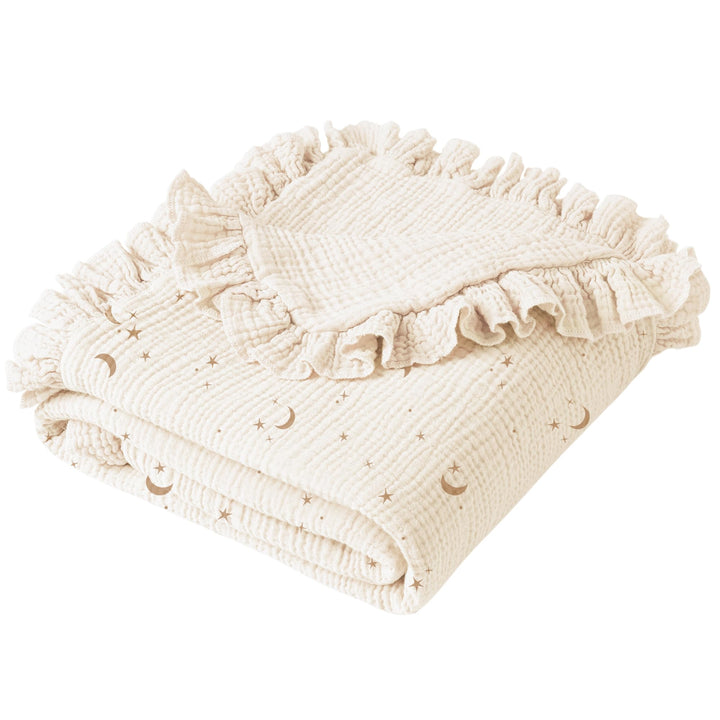 Konssy 100% Cotton Muslin Baby Blanket with Ruffle Trim for Girls, 43"x39" Reversible Design, Ultra Soft & Lightweight, for Swaddling, Crib, Stroller & Nursery Use, from Newborn to Toddler