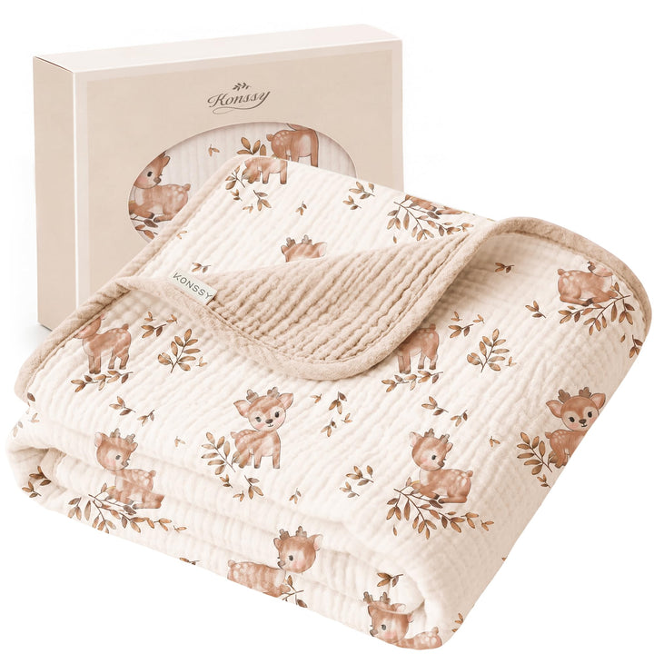 Konssy 100% Cotton Muslin Baby Blanket for Girls Boys, 40"x36" Soft & Lightweight, 4-Layer Muslin, for Receiving, Swaddling, Crib, Stroller & Nursery, Newborn to Toddler