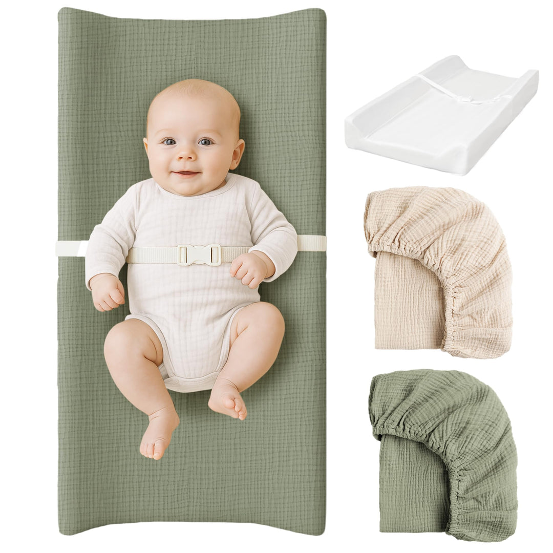 Konssy Baby Changing Pad Set with Waterproof Lining & 2 Pack Muslin Covers Soft Foam Support, Contoured Sides, Non-Slip Base & Safety Belt, Diaper Changing Pad for Dresser, 32" x 16"
