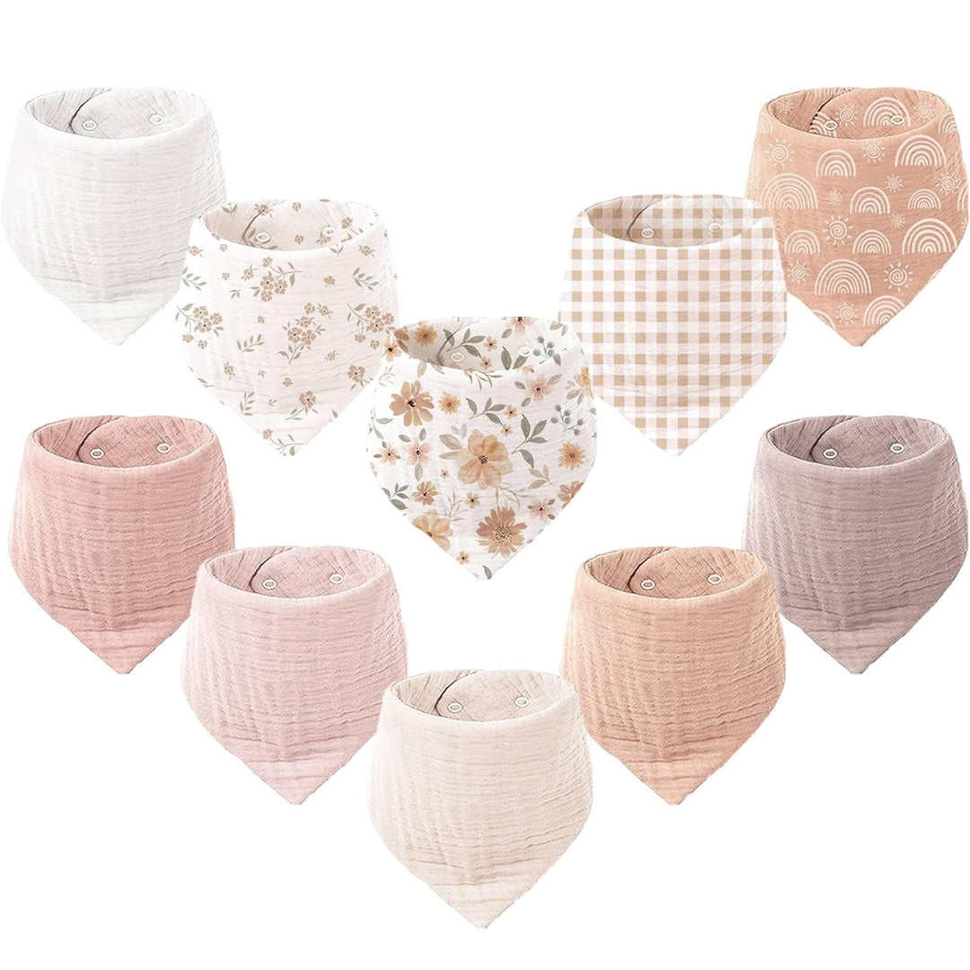 Konssy 10 Pack Baby Muslin Bandana Bibs for Drooling and Teething 100% Cotton, 6-Layer Bibs, Pre-Washed Soft & Absorbent, Adjustable Neck Fit, Boys & Girls 0-36M