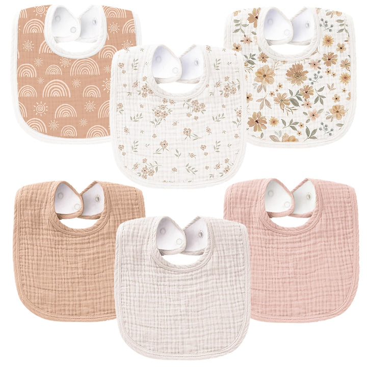 Konssy 6-Pack Muslin Cotton Baby Bibs for Drooling and Teething Soft Absorbent Front, Fleece Back Keeps Clothes Dry, Easy to Clean, Adjustable Fit for Boys & Girls Ages 0-36 Months
