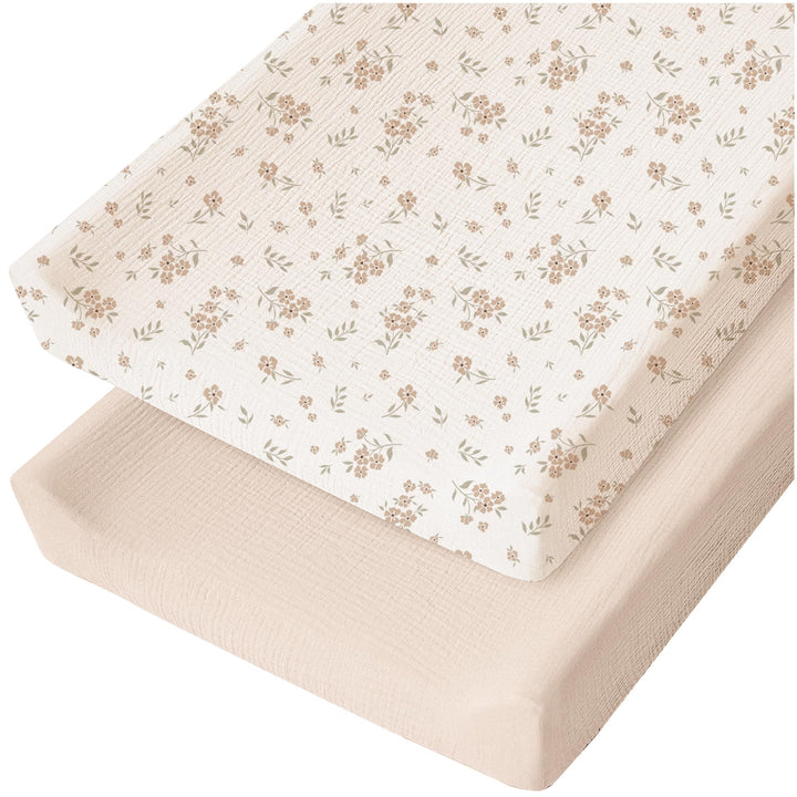 Konssy 2 Pack Muslin Changing Pad Covers for Baby Girls Boys, 32"x16" 100% Cotton, Soft & Breathable, Fitted Diaper Changing Table Sheets, Full Elastic Fit, Floral & Solid Designs
