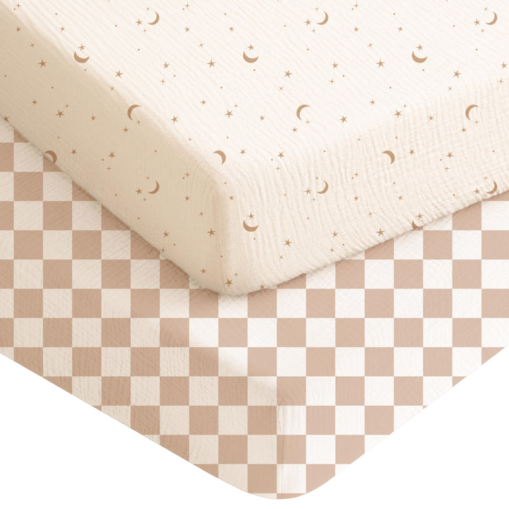 Konssy 2 Pack Muslin Crib Sheets for Baby Boys & Girls, 52" x 28" Fits Standard Crib Mattress, Premium 100% Cotton, Soft & Breathable, Neutral Design, 360° Full Elastic Fit