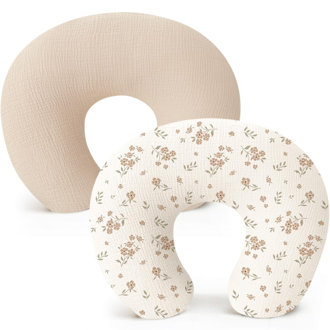 Konssy 2-Pack Muslin Nursing Pillow Covers, Floral Soft Slipcover for Baby Covers Only, 100% Cotton, Hidden Zipper, Washable, Breastfeeding Pillows Covers for Newborn Boys & Girls