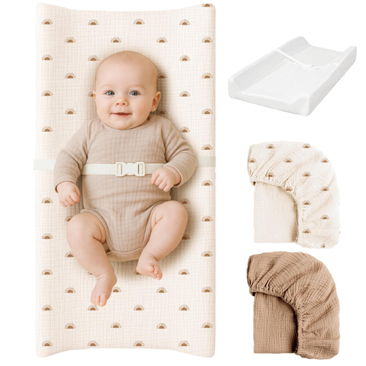 Konssy Baby Changing Pad Set with Waterproof Lining & 2 Pack Muslin Covers Soft Foam Support, Contoured Sides, Non-Slip Base & Safety Belt, Diaper Changing Pad for Dresser, 32" x 16"