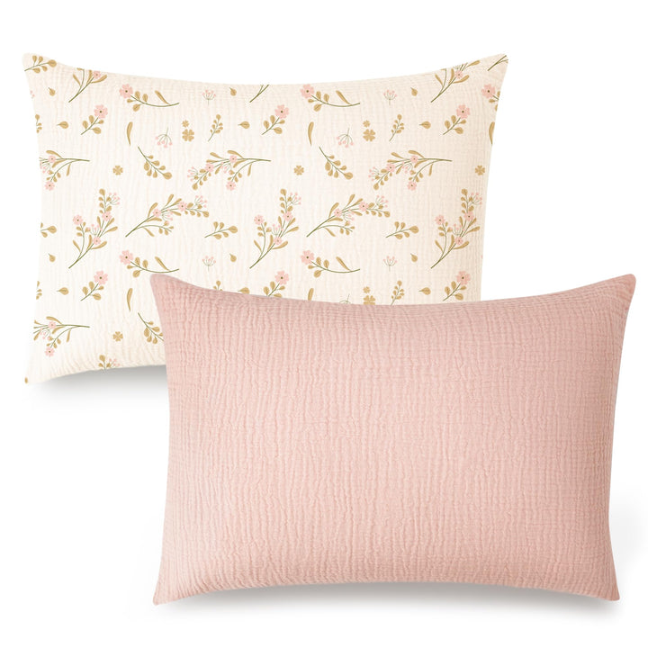 Konssy 2 Pack Muslin Toddler Pillowcases, Soft Baby Pillow Cases, 13"x18" 100% Cotton, Soft & Breathable, Envelope Closure, Floral & Solid, for Baby Boys & Girls, Naps & Travel