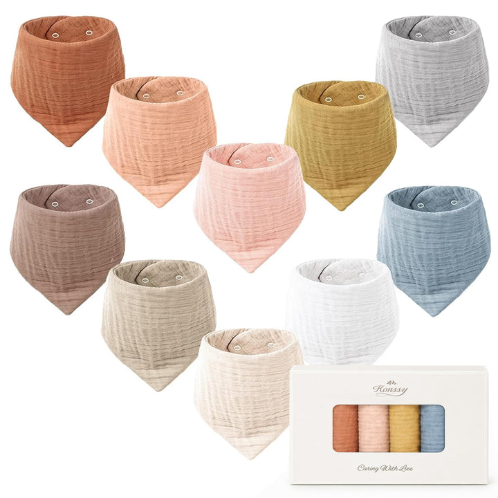 Konssy 10 Pack Baby Muslin Bandana Bibs for Drooling and Teething 100% Cotton, 6-Layer Bibs, Pre-Washed Soft & Absorbent, Adjustable Neck Fit, Boys & Girls 0-36M