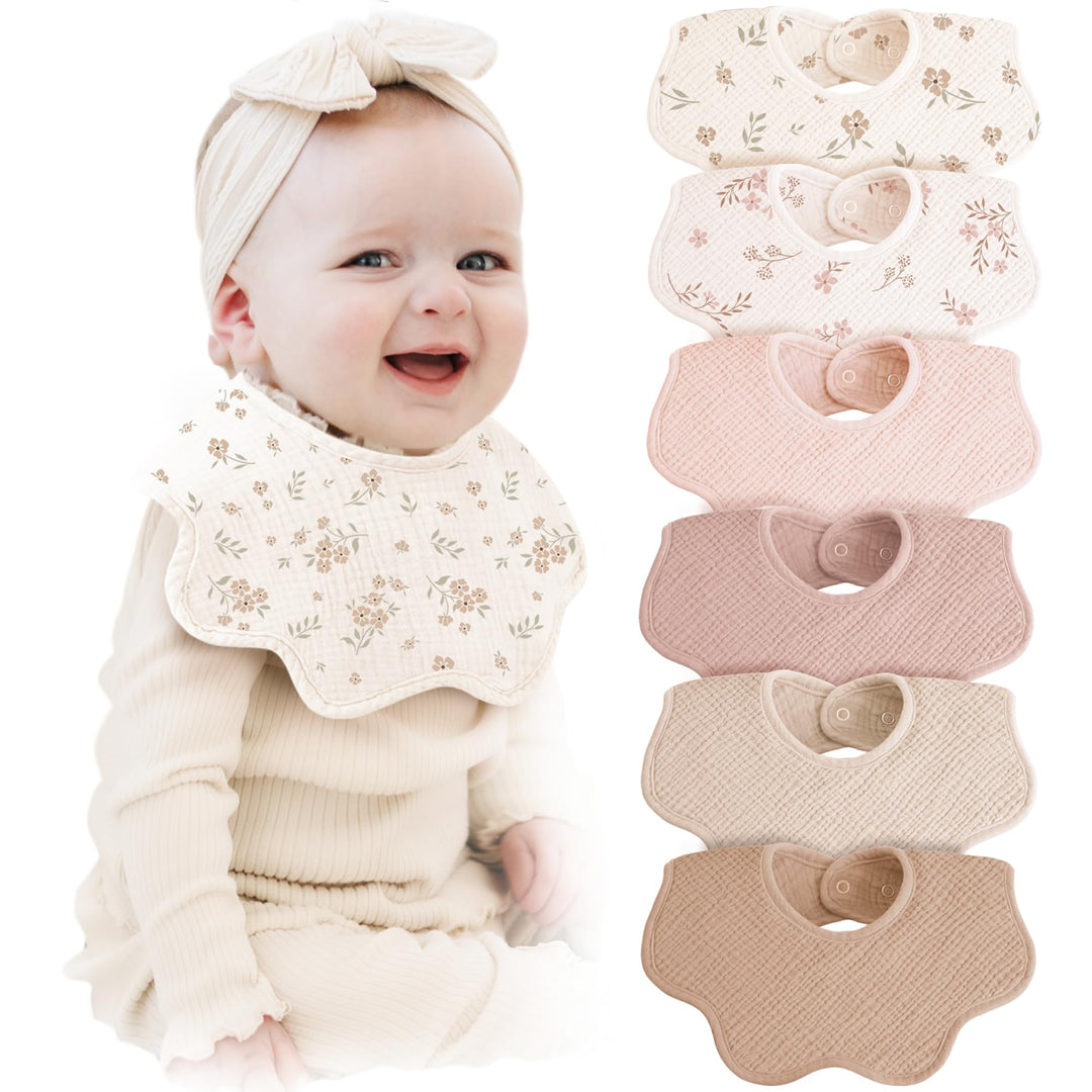 Konssy 6-Pack Muslin Baby Bandana Bibs, Drool Bibs for Girls & Boys 100% Cotton, Soft & Absorbent, Ideal for Teething & Drooling, from Newborn to Toddler, Ages 0-36 Months