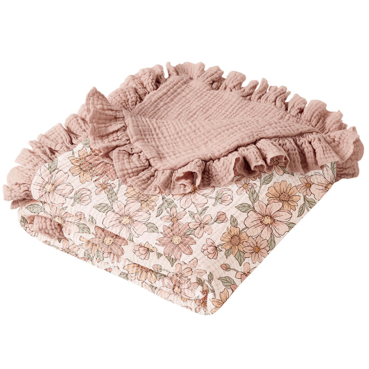 Konssy 100% Cotton Muslin Baby Blanket with Ruffle Trim for Girls, 43"x39" Reversible Design, Ultra Soft & Lightweight, for Swaddling, Crib, Stroller & Nursery Use, from Newborn to Toddler