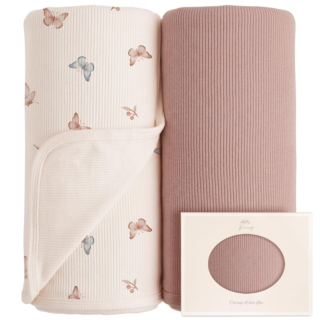 Konssy 2 Pack Ribbed Knit Swaddle Blankets for Baby Boys & Girls, 33"x42" Soft & Stretchy Knit, Lightweight & Cozy, for Swaddling, Receiving & Stroller, Newborn to Toddler