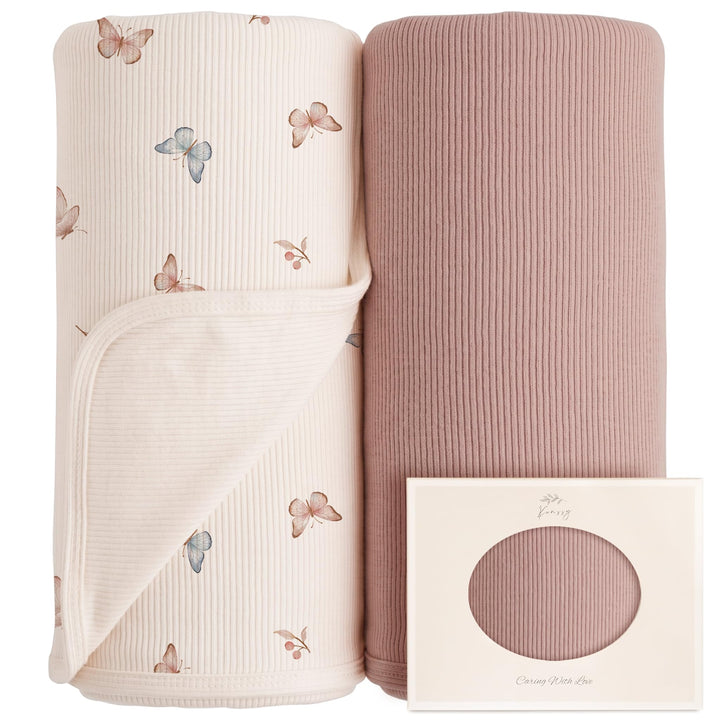 Konssy 2 Pack Ribbed Knit Swaddle Blankets for Baby Boys & Girls, 33"x42" Soft & Stretchy Knit, Lightweight & Cozy, for Swaddling, Receiving & Stroller, Newborn to Toddler