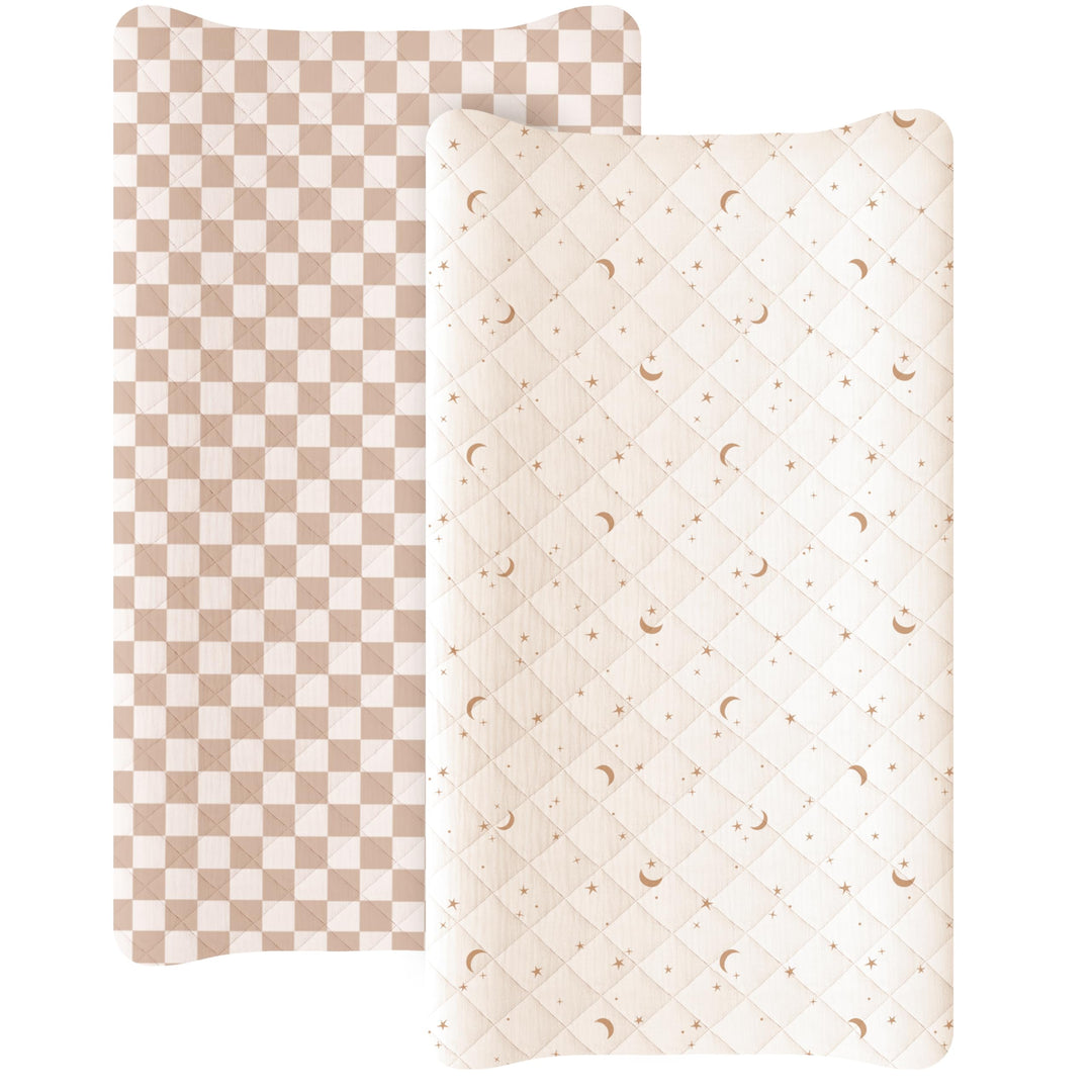 Konssy 2 Pack Quilted Muslin Changing Pad Cover, Waterproof Layer, 32"x16" 100% Cotton Surface, Absorbent & Soft, Fitted Changing Table Sheets, Full Elastic Fit, for Baby Girls & Boys