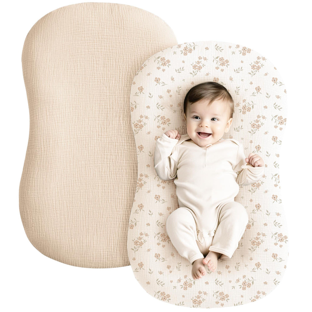 Konssy 2 Pack Muslin Baby Lounger Covers, Covers Only, 30.7" x 20" 100% Cotton, Soft & Breathable, Baby Nest Slipcover, Envelope Closure, Pre-Washed for Lasting Fit