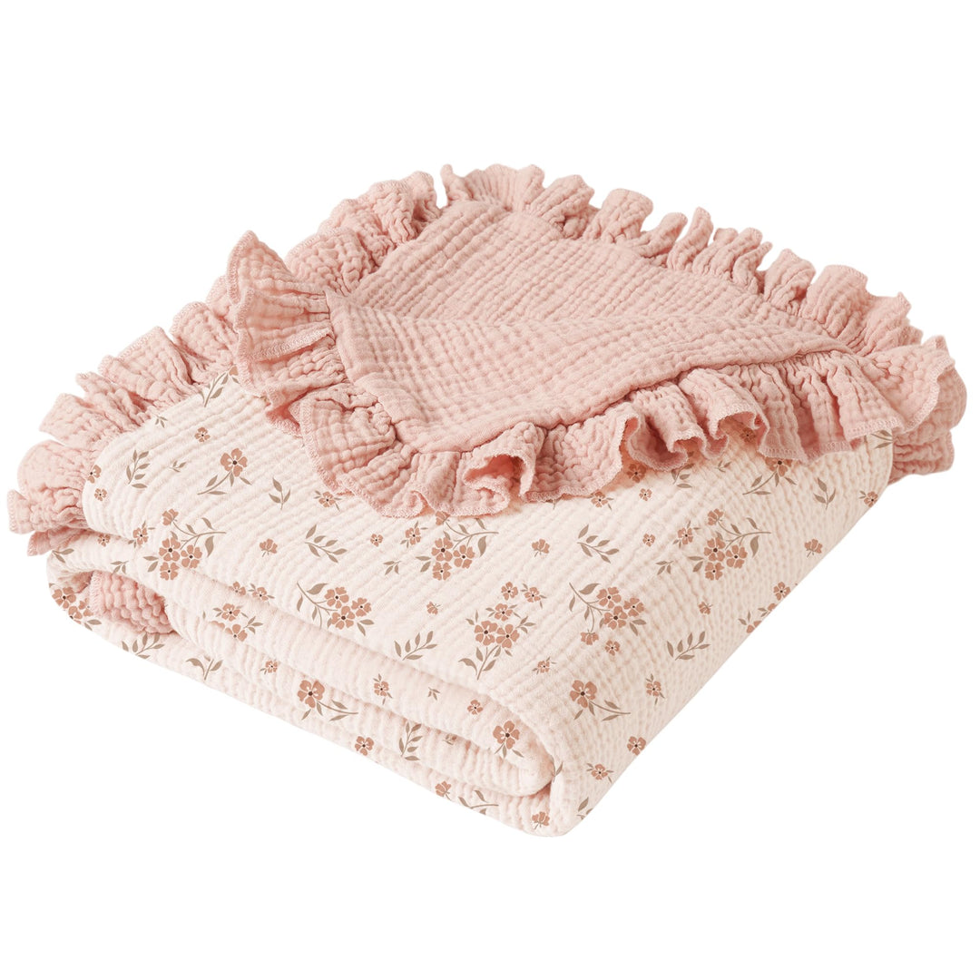 Konssy 100% Cotton Muslin Baby Blanket with Ruffle Trim for Girls, 43"x39" Reversible Design, Ultra Soft & Lightweight, for Swaddling, Crib, Stroller & Nursery Use, from Newborn to Toddler