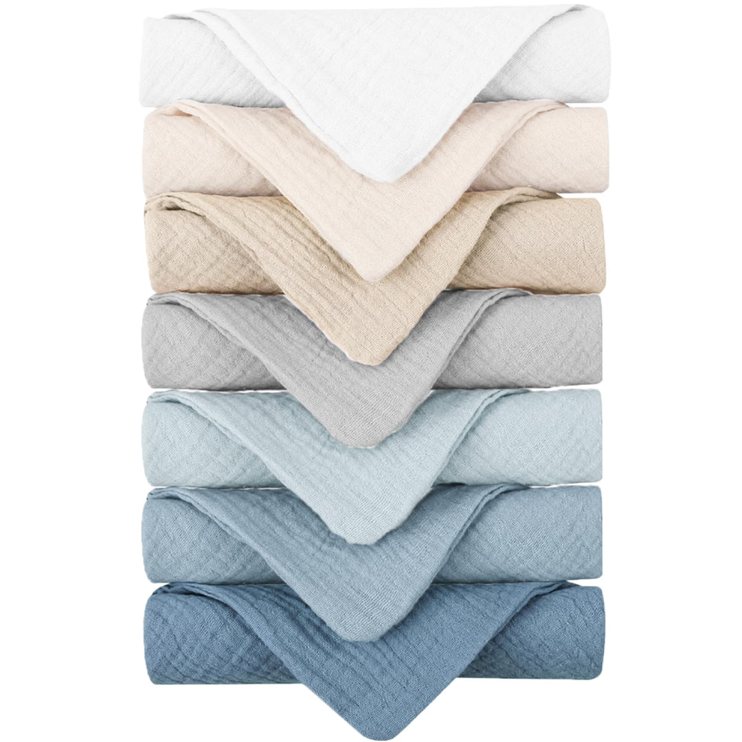 Konssy 7 Pack Muslin Baby Washcloths, Burp Cloths & Wash Cloths for Babies 11 x 11 In, 100% Cotton, Ultra-Soft & Absorbent, Machine Washable, Baby Bath Towels for Newborns, Girls & Boys