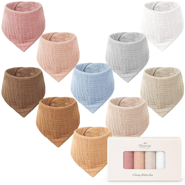 Konssy 10 Pack Baby Muslin Bandana Bibs for Drooling and Teething 100% Cotton, 6-Layer Bibs, Pre-Washed Soft & Absorbent, Adjustable Neck Fit, Boys & Girls 0-36M
