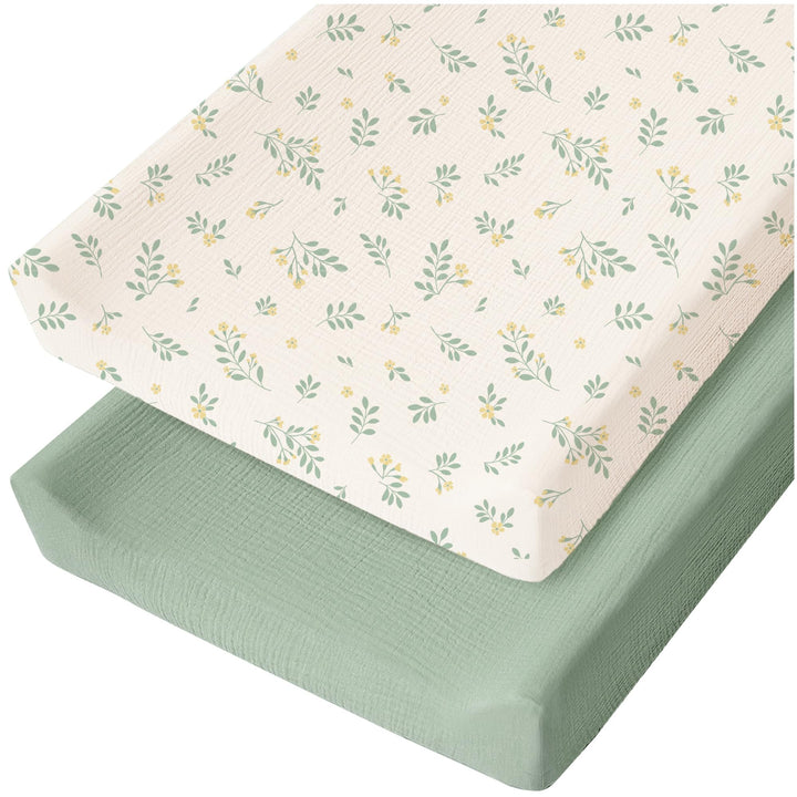 Konssy 2 Pack Muslin Changing Pad Covers for Baby Girls Boys, 32"x16" 100% Cotton, Soft & Breathable, Fitted Diaper Changing Table Sheets, Full Elastic Fit, Floral & Solid Designs