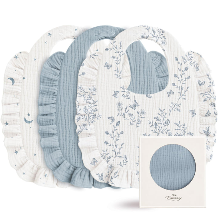 Konssy 3-Pack Muslin Baby Girl Bibs, 100% Cotton with Ruffle Trim Ultra Soft & Absorbent, Baby Essentials for Drooling and Teething, for Newborn, Infant & Toddler 0-36 Months