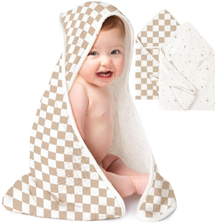 Konssy 2-Pack 100% Muslin Cotton Hooded Baby Bath Towels for Boys and Girls 32 x 32 In, Ultra-Soft & Absorbent, Bath Towels With Hooded for Infants Newborns Toddlers, Machine Washable
