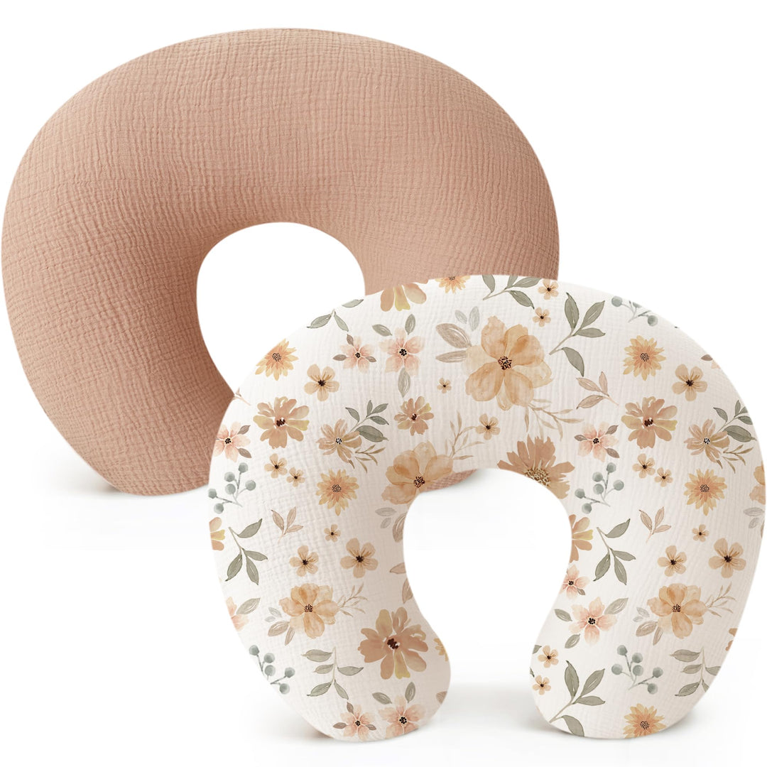 Konssy 2-Pack Muslin Nursing Pillow Covers, Floral Soft Slipcover for Baby Covers Only, 100% Cotton, Hidden Zipper, Washable, Breastfeeding Pillows Covers for Newborn Boys & Girls